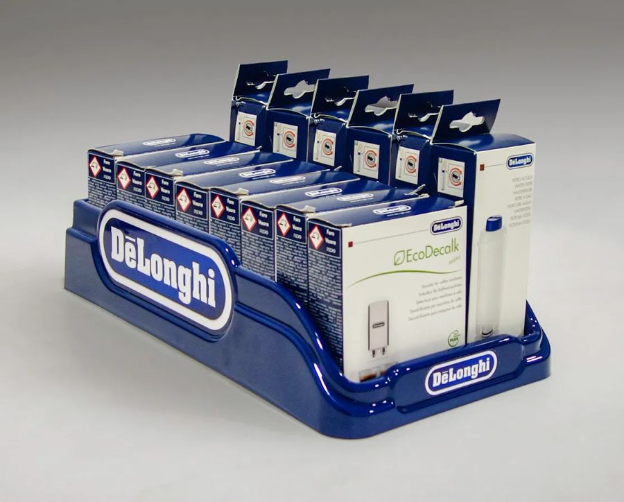 DeLonghi coffee care products in blue tray