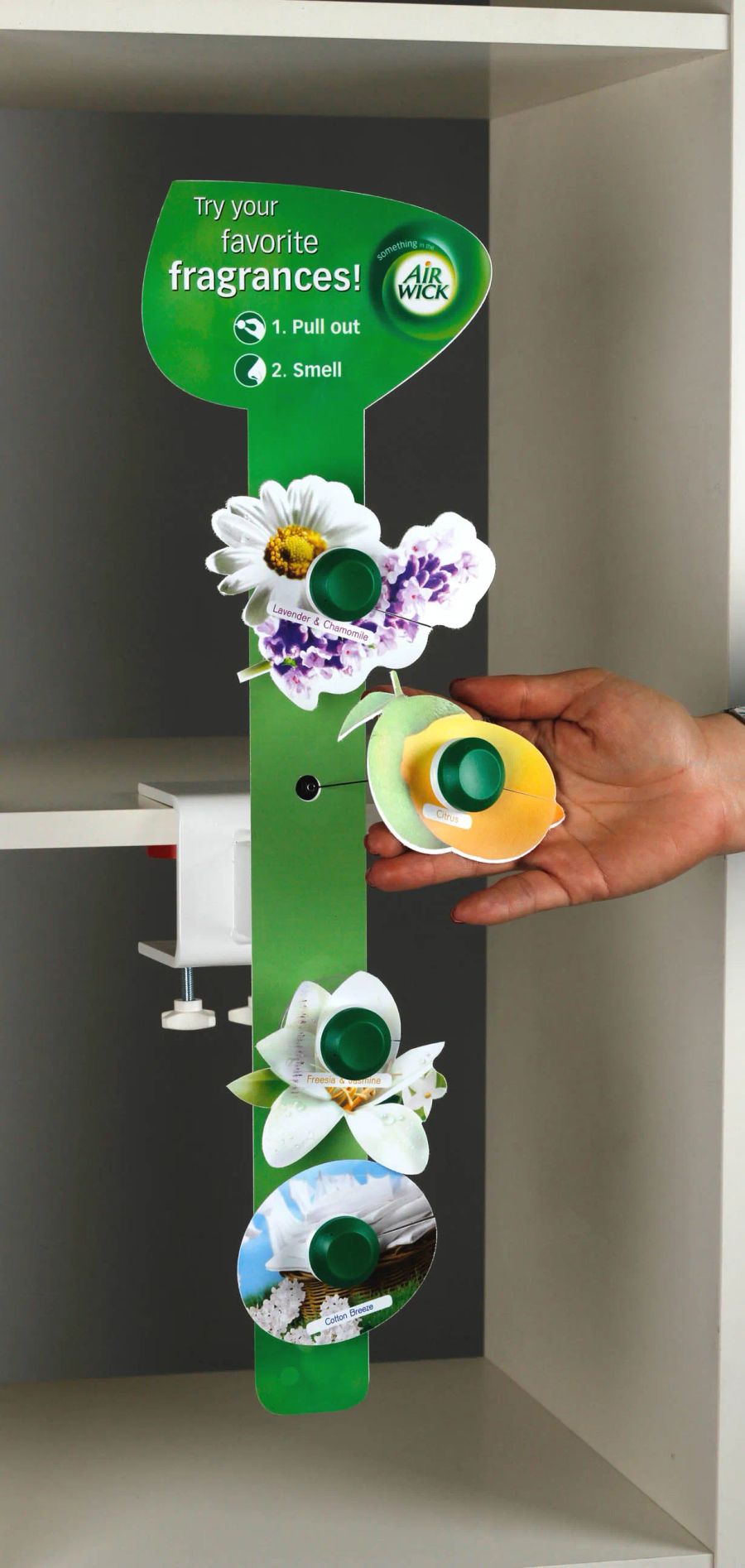 Air Wick fragrance sample strip with pull tabs