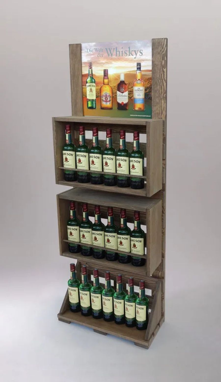 Rustic wooden whiskey bottle crate stand
