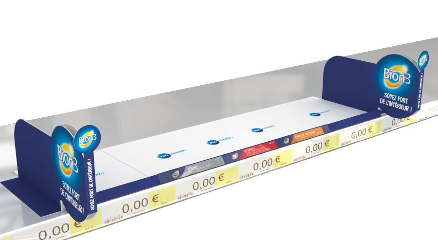Blue and white Bion3 pharmacy shelf insert