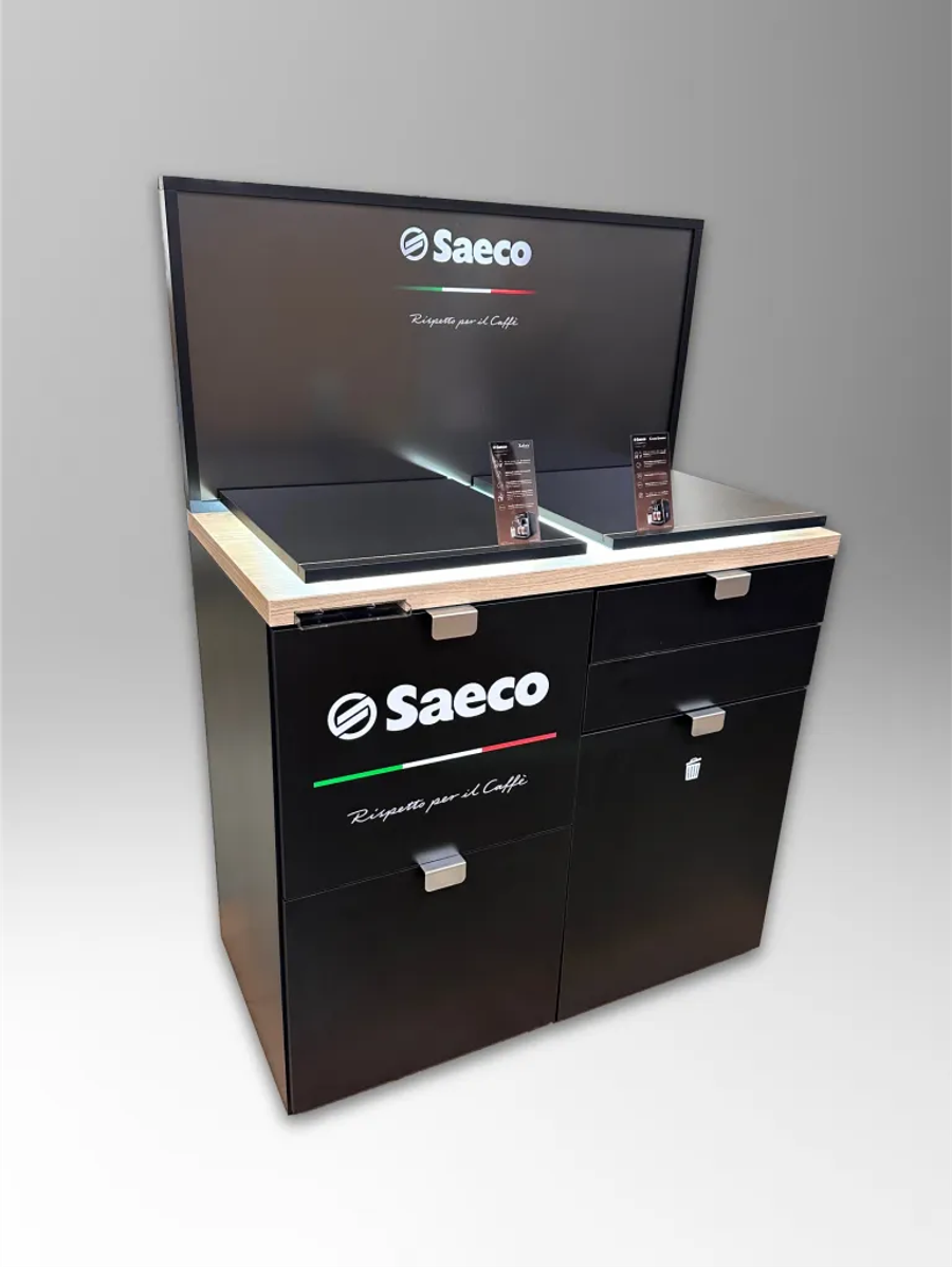 Black Saeco coffee display stand