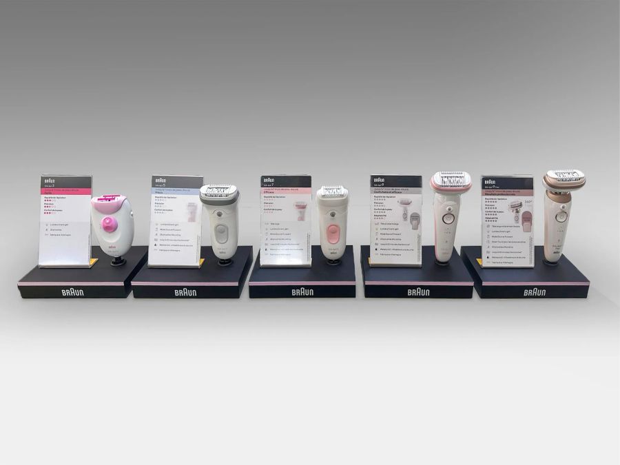 Five Braun Silk-épil epilators on display stands