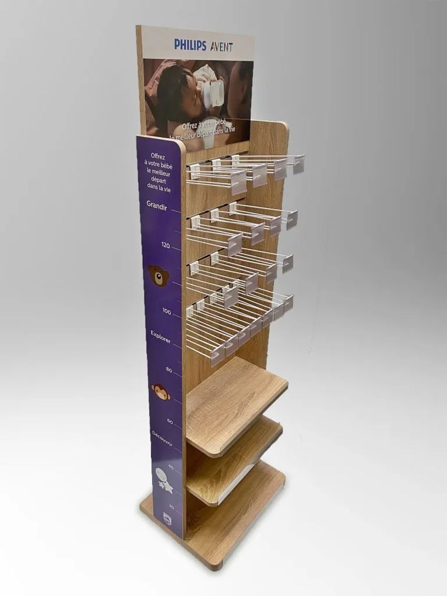 Philips Avent wooden floor display with hooks