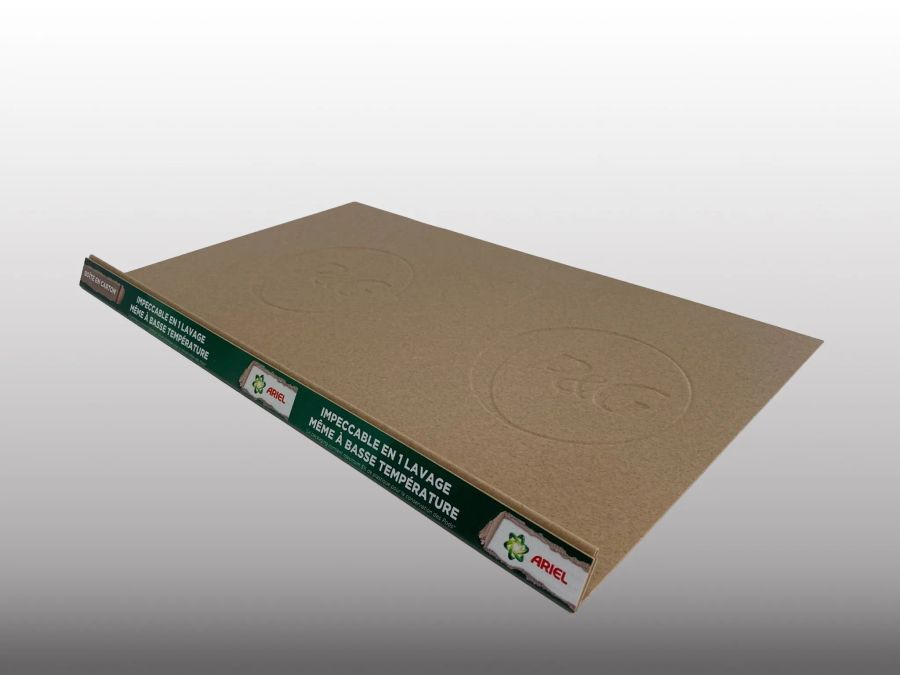 Cardboard Ariel eco shelf tray with P&G logos