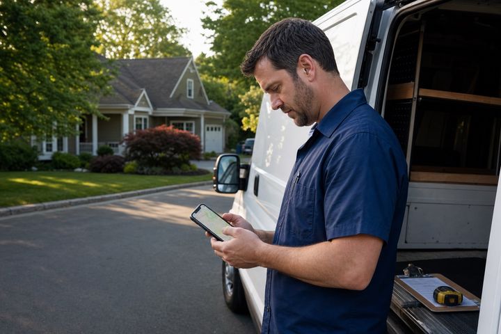 Home-service business owner reviewing a service-area map beside an unbranded work van.