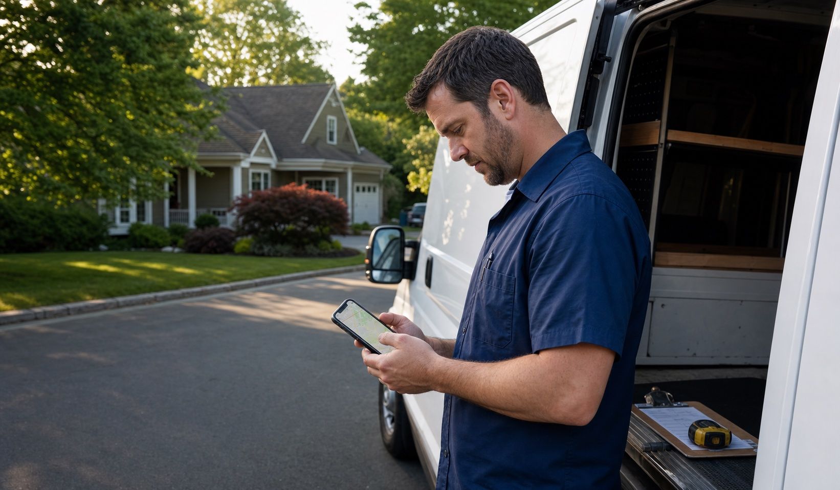 Home-service business owner reviewing a service-area map beside an unbranded work van.
