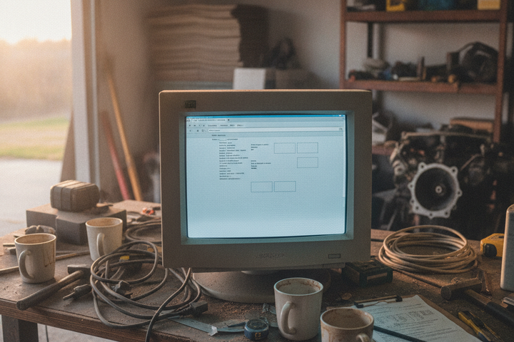 An old monitor in a workshop showing a web page stripped to a few lines of plain text