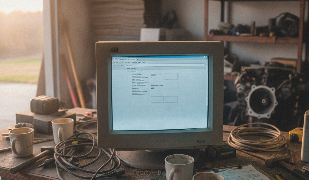 An old monitor in a workshop showing a web page stripped to a few lines of plain text