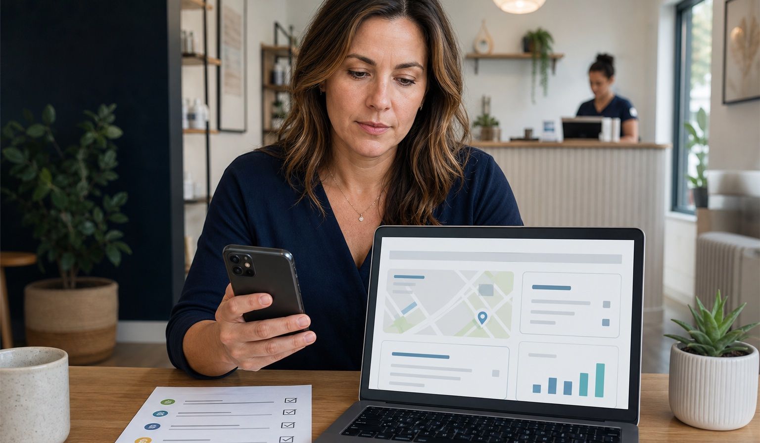 Local business owner reviewing search and AI visibility signals on a laptop.