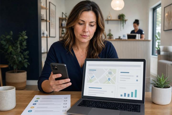 Local business owner reviewing search and AI visibility signals on a laptop.