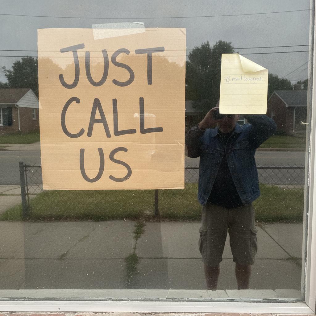 A shop window with a large handwritten JUST CALL US sign and a tiny unreadable note with an email address