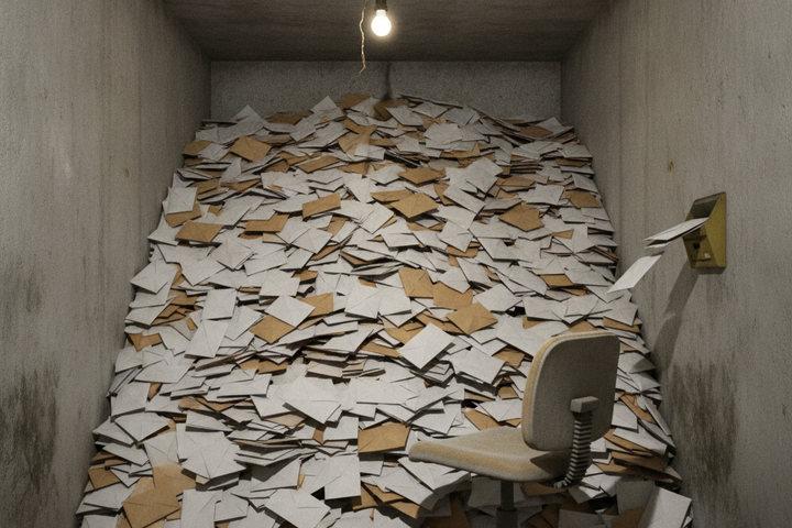 A basement filled to the ceiling with paper envelopes and an empty chair facing the pile