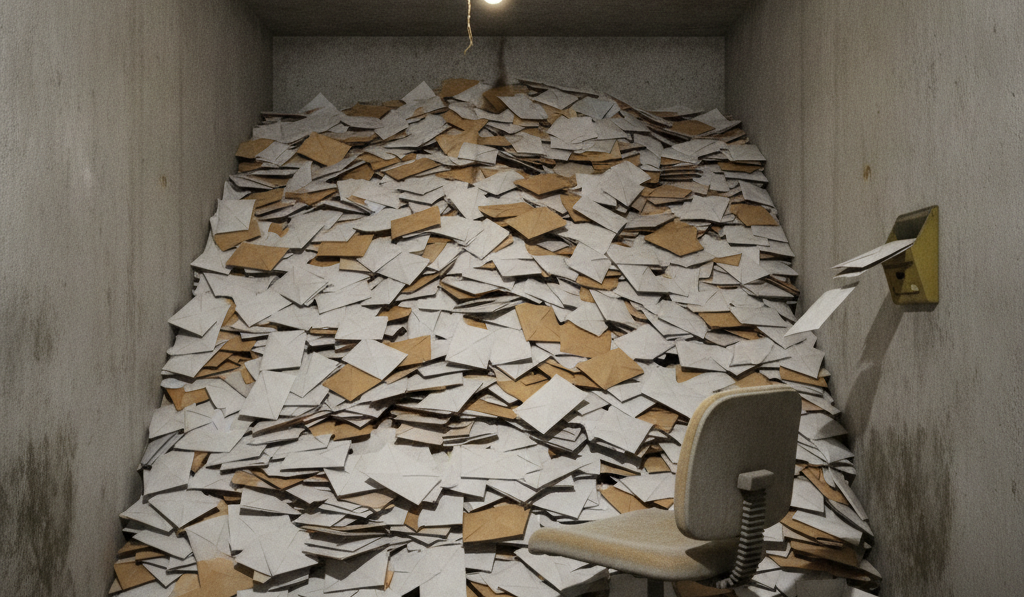 A basement filled to the ceiling with paper envelopes and an empty chair facing the pile