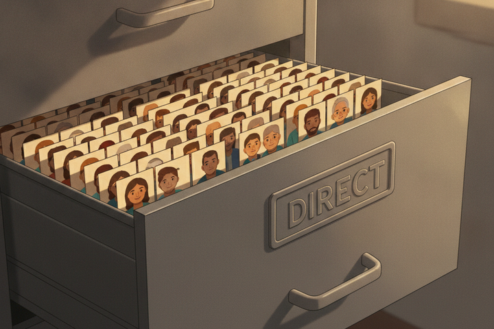 A filing cabinet drawer labelled DIRECT, filled with the same customer faces repeated over and over