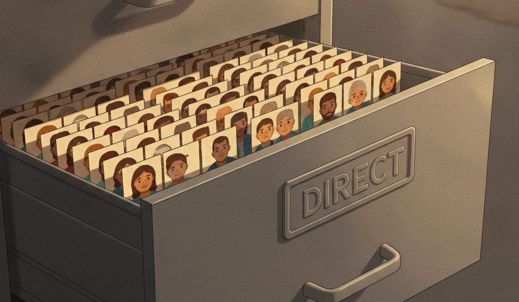 A filing cabinet drawer labelled DIRECT, filled with the same customer faces repeated over and over