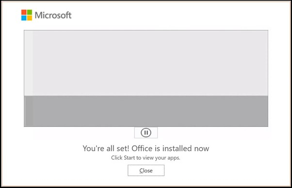 Office prompt confirming the app has been installed, with the Close button highlighted