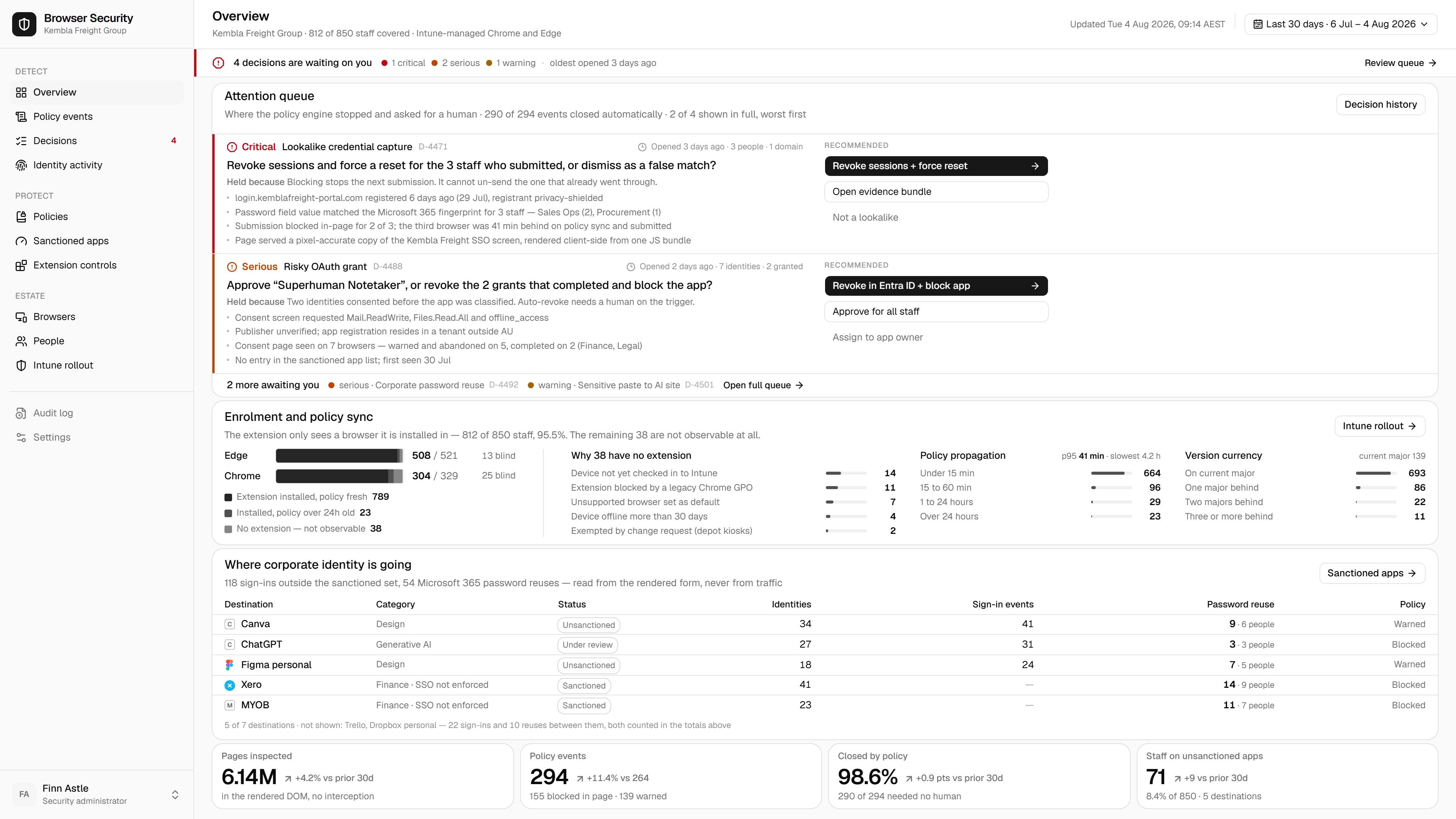 A modern browser security platform recording every prompt a staff member sends into an AI tool, from a personal or corporate login, as it happens.