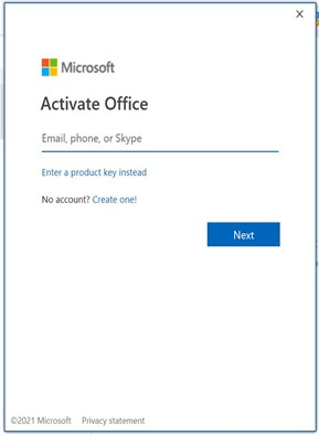 Office sign-in screen with a field for the corporate email address and a Next button