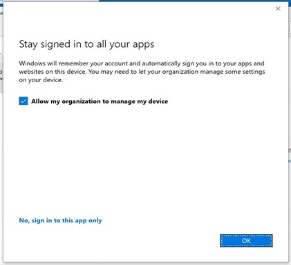 Office device management consent screen with “Allow my organisation to manage my device” selected and an Ok button