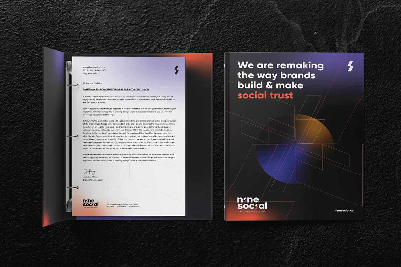 A Binder folder showing branding design of Nine Social created, designed by SOLD Studio driving online community engagement.