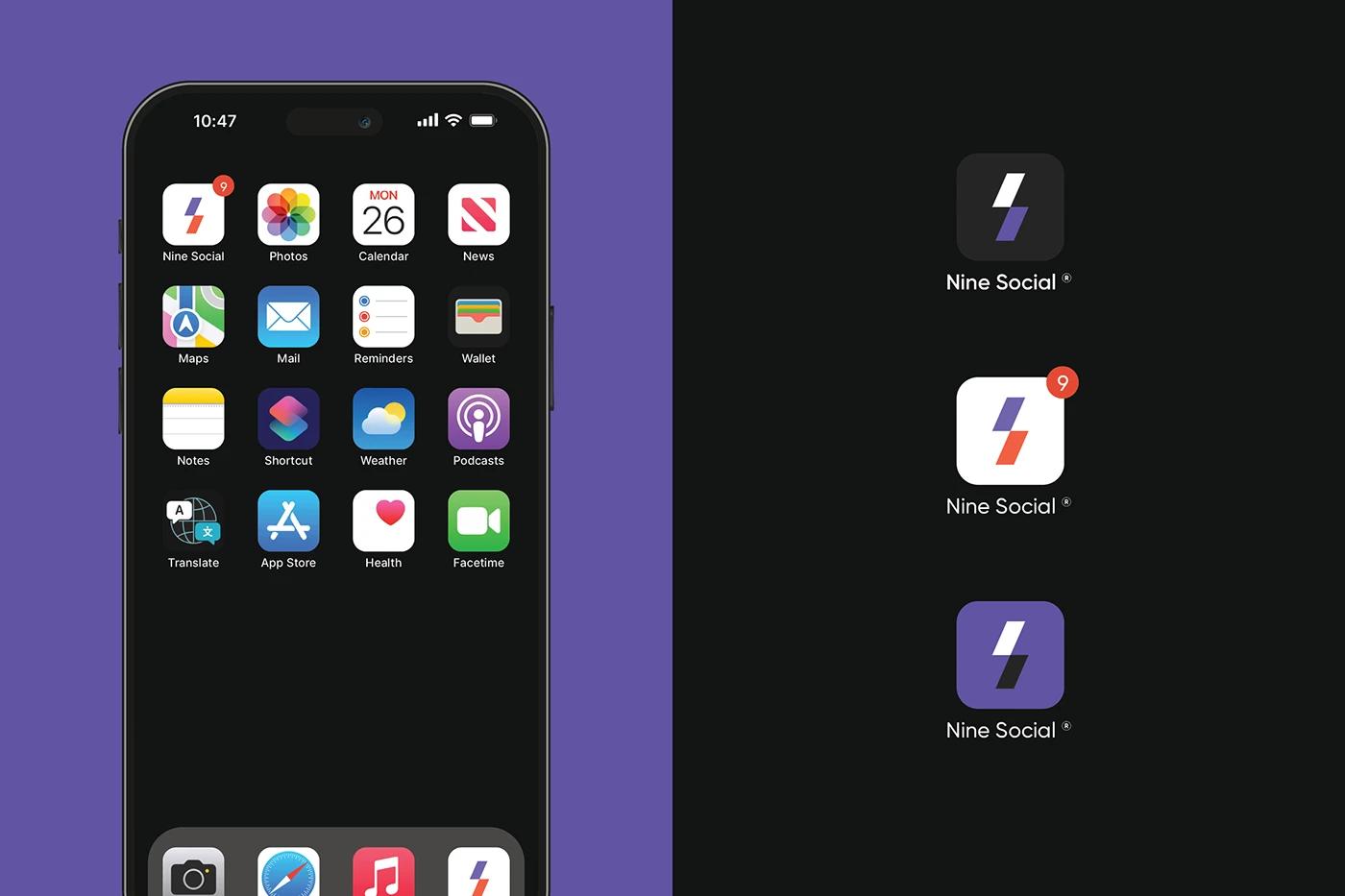A Mobile App Icon with Brand identity logo system of Nine Social created, designed by SOLD Studio demonstrating intuitive navigation.