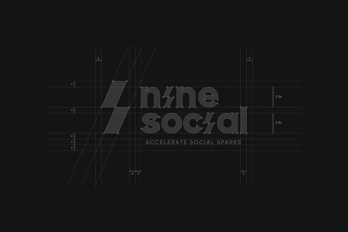 A Graphic showing the Logo Wireframe of Nine Social created, designed by SOLD Studio establishing a strong visual identity.