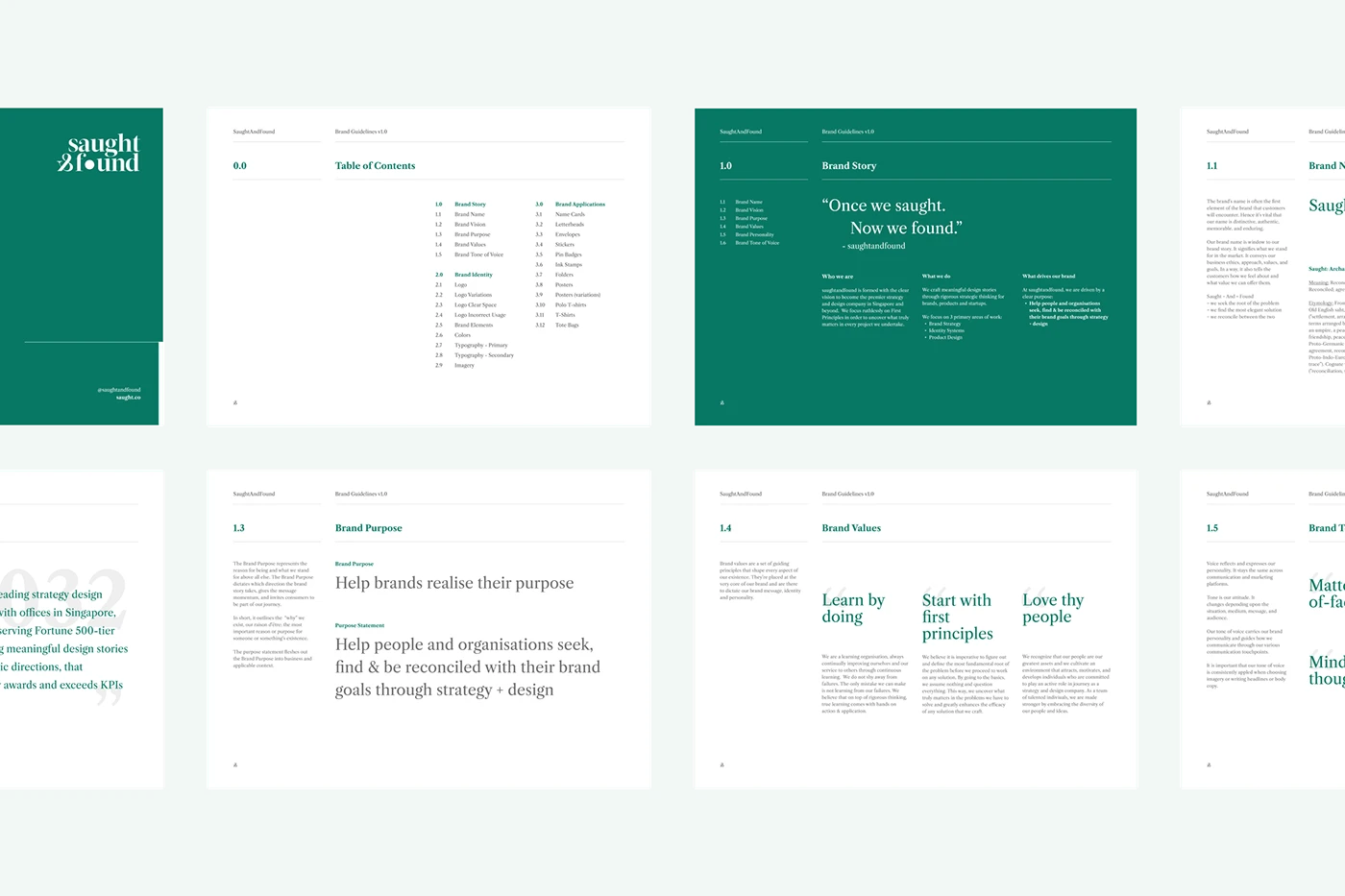 A Comprehensive brand style guide of the Saught&Found project, designed by SOLD Studio ensuring consistent brand application.