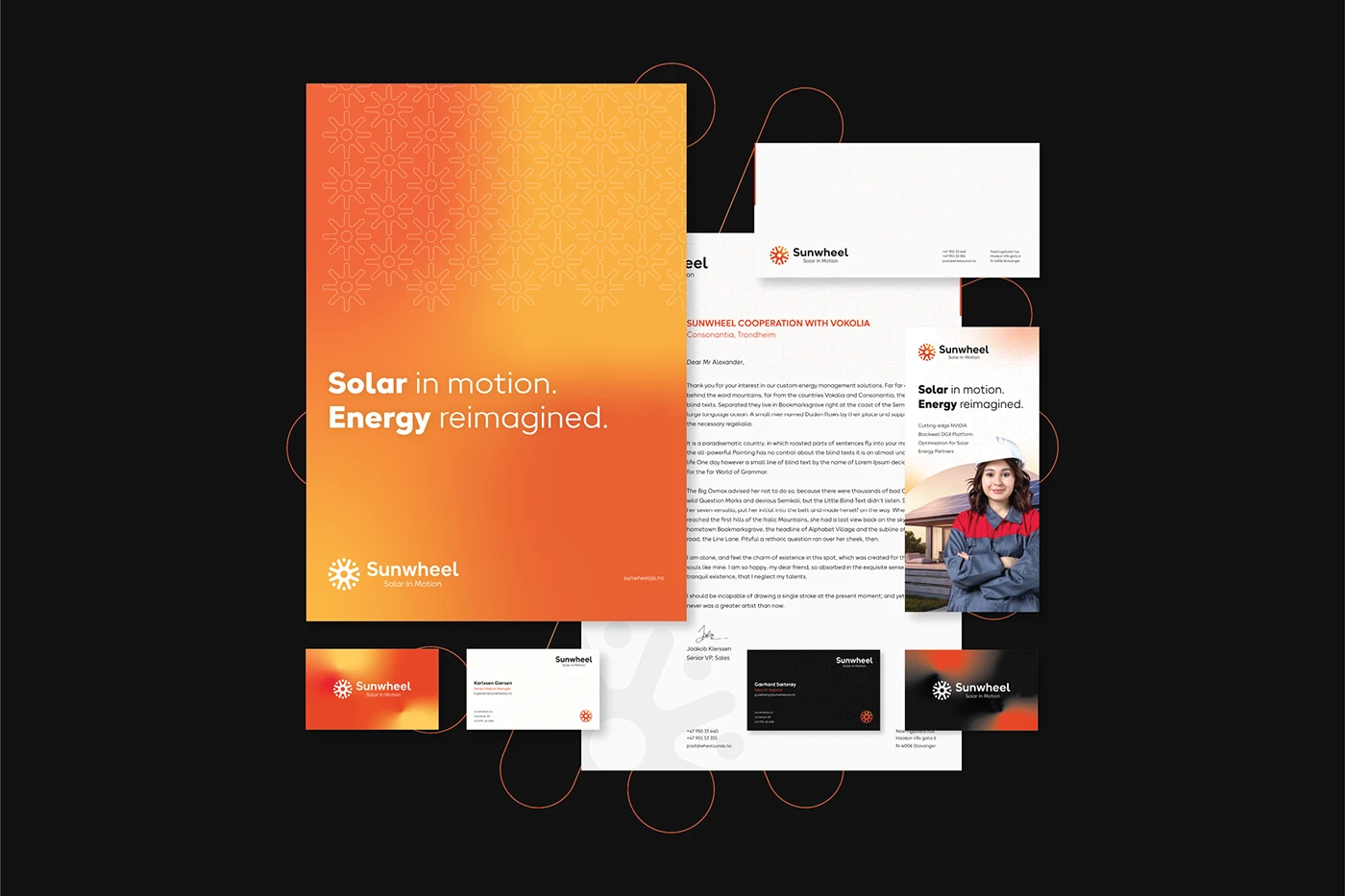 A Corporate Branding Branded corporate stationery set of the Sunwheel project, designed by SOLD Studio ensuring consistent brand application.