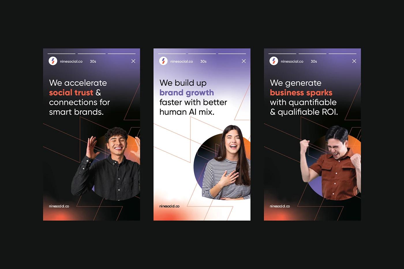 A Instagram Stories with Marketing USPs of Nine Social created, designed by SOLD Studio driving online community engagement.