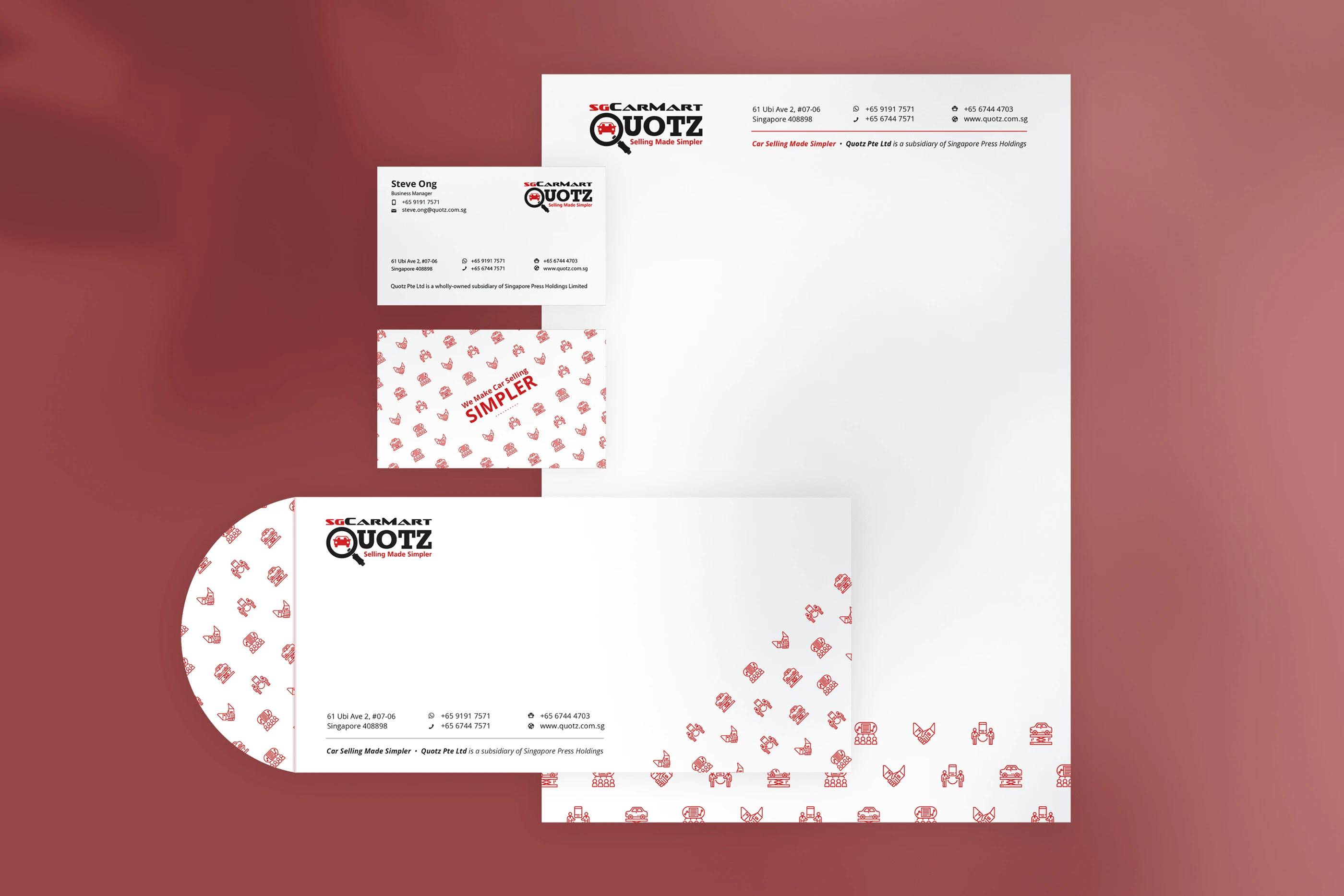 A Corporate Branding Branded corporate stationery set of the Quotz project, designed by SOLD Studio ensuring consistent brand application.