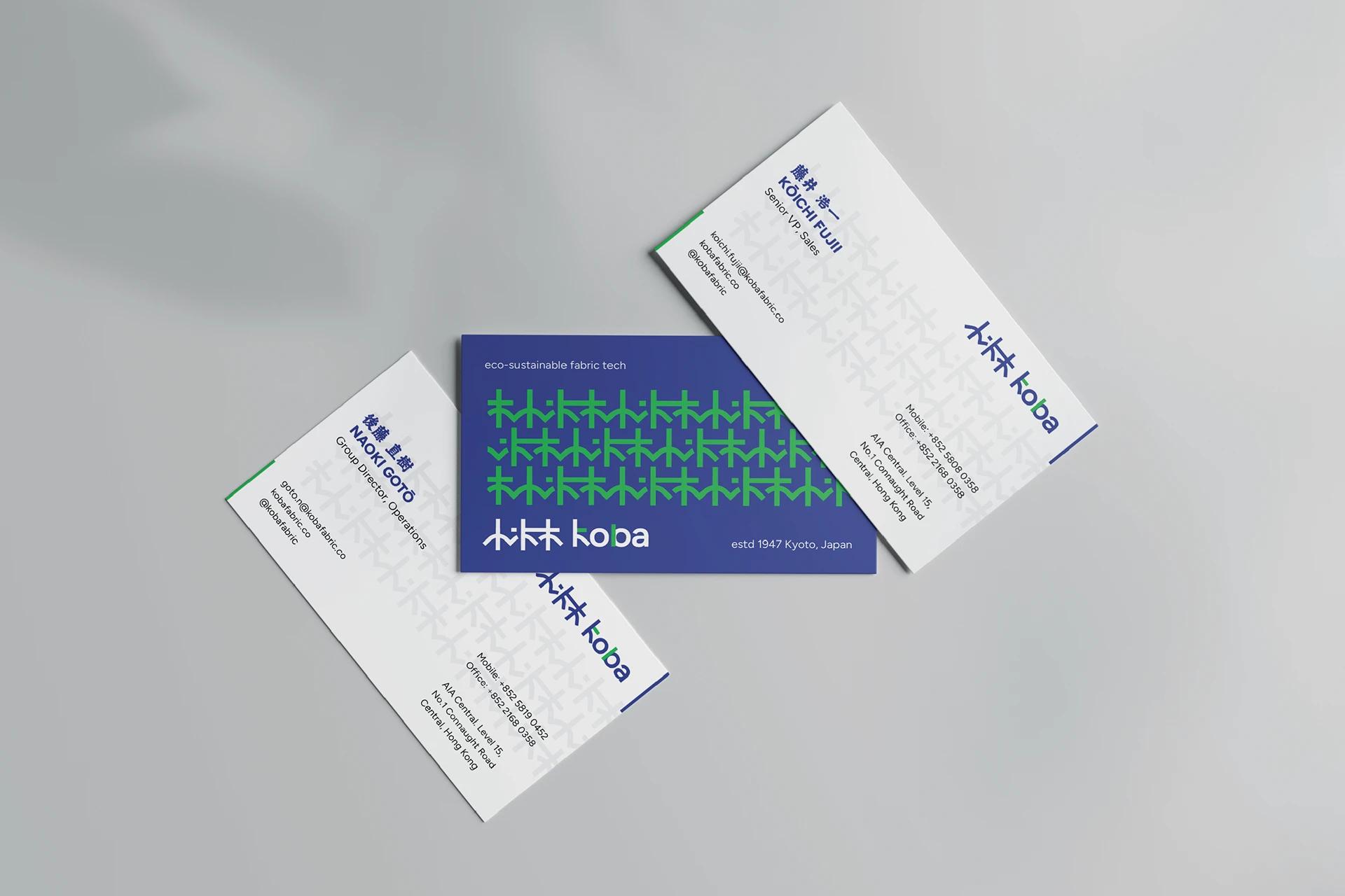 A Professional business card designs of the KOBA project, designed by SOLD Studio demonstrating SOLD Studio's design expertise.