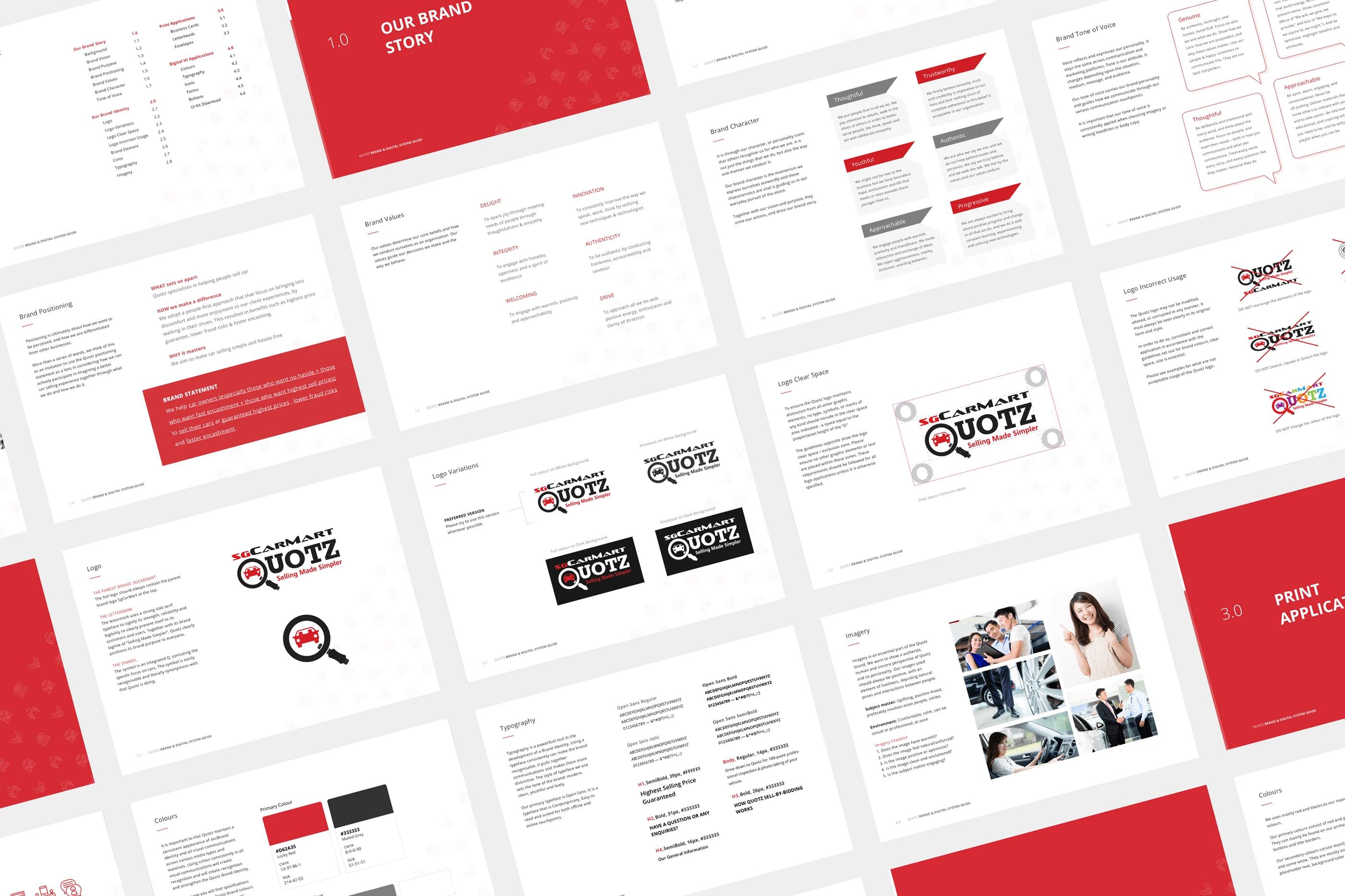 A Comprehensive brand style guide of the Quotz project, designed by SOLD Studio ensuring consistent brand application.