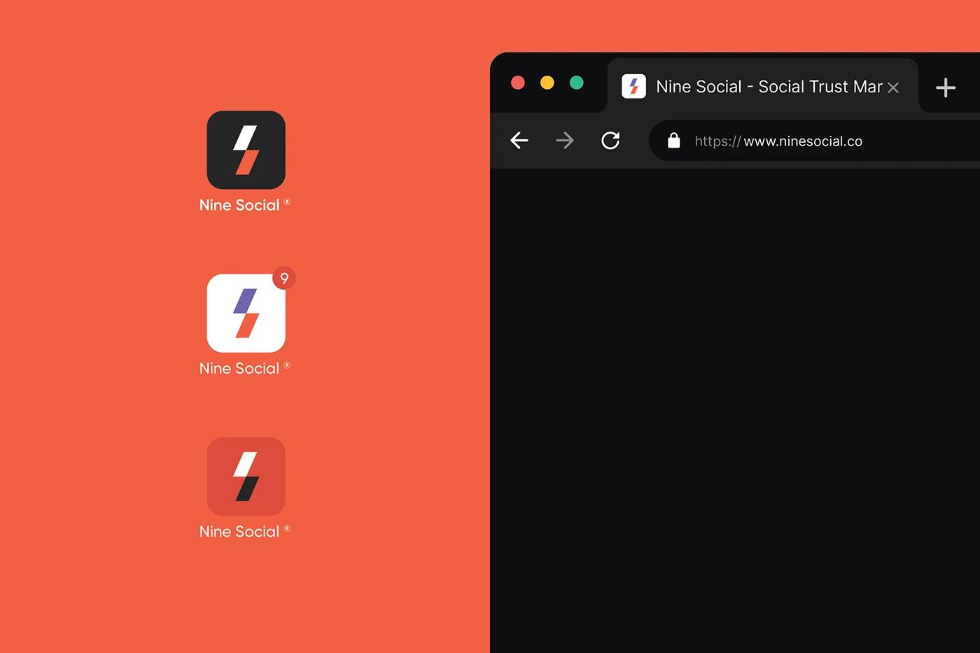 A Browser mockup showcasing the Website Favicon Custom iconography set of Nine Social created, designed by SOLD Studio for optimized digital engagement.