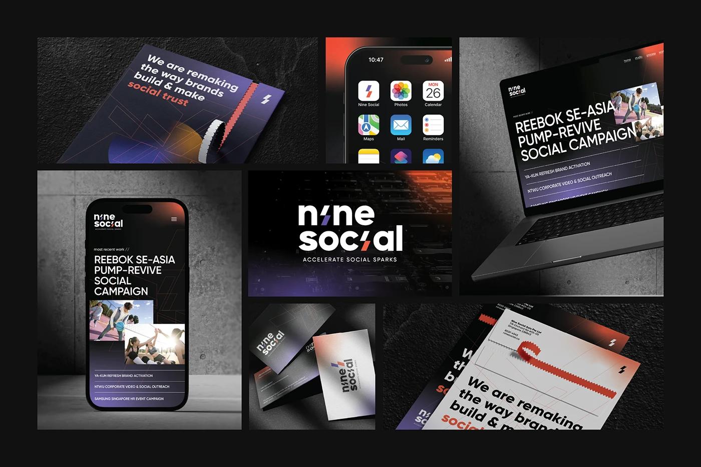 A Brand Montage with Branded Mockups of Nine Social created, designed by SOLD Studio ensuring consistent brand application.