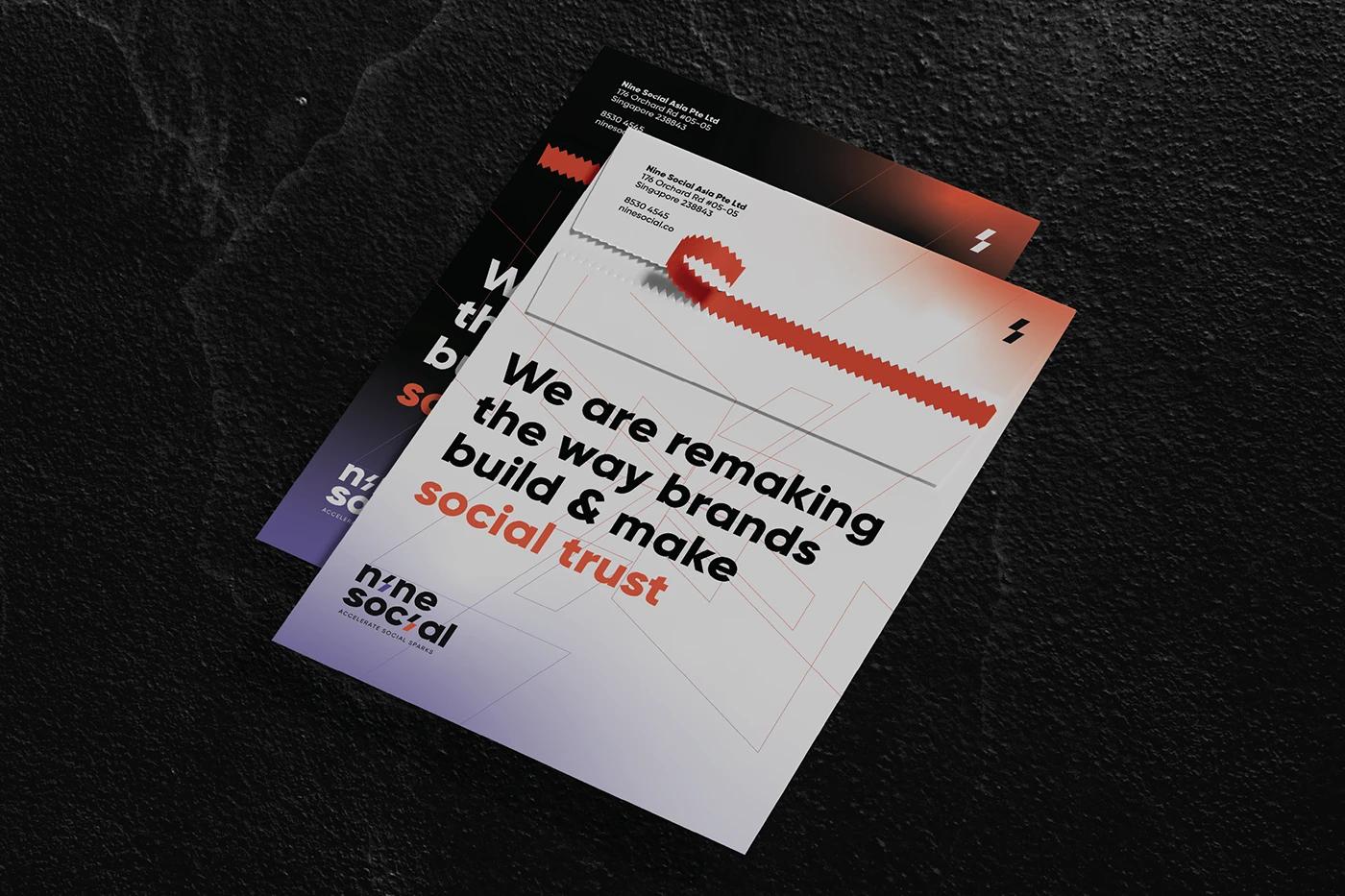A Envelopes with perforations showing identity design of Nine Social created, designed by SOLD Studio driving online community engagement.