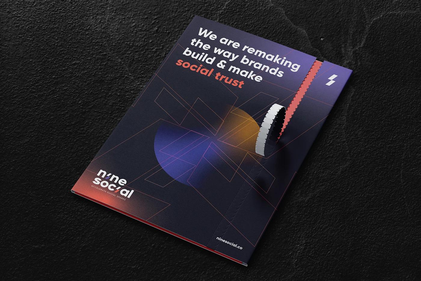 A Perforated Folder displaying branded design of Nine Social created, designed by SOLD Studio driving online community engagement.