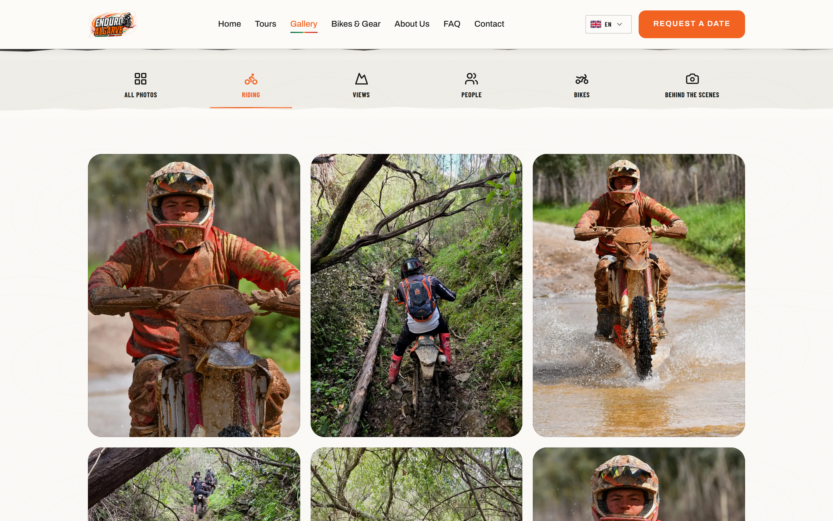 Enduro Algarve website gallery page with photos of riders on muddy forest trails