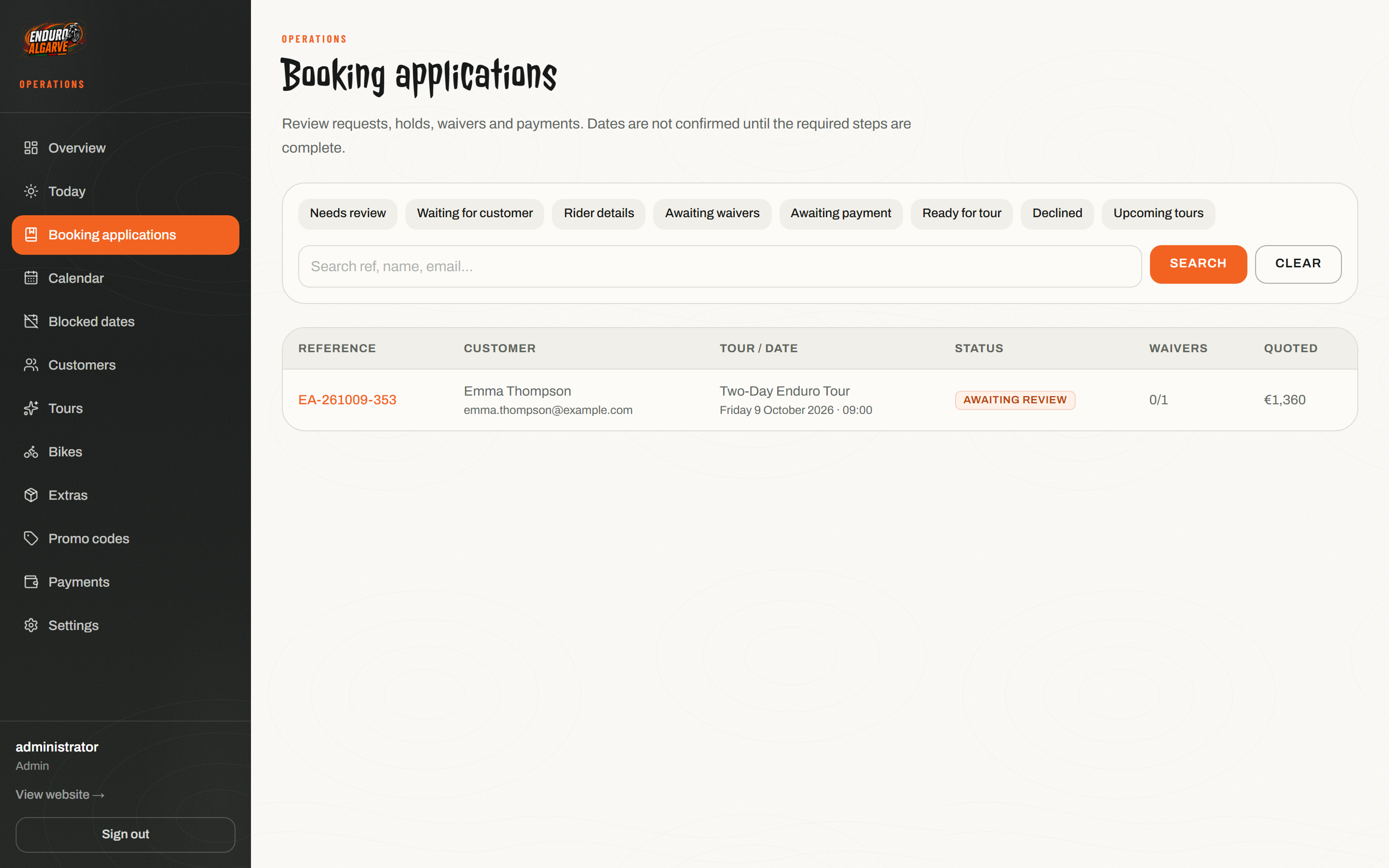 Bookings Overview, Enduro Algarve