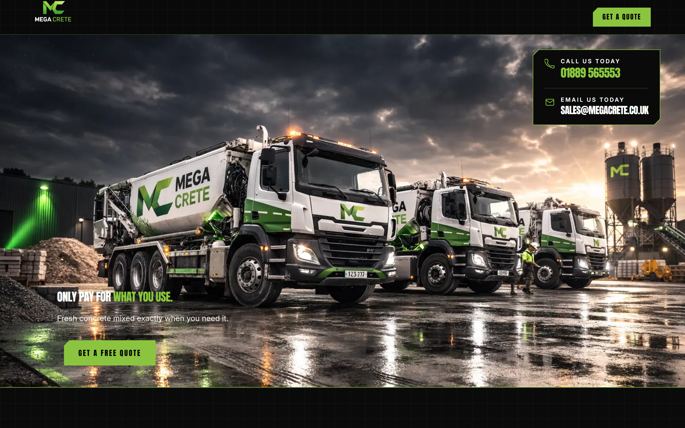 Mega Crete website homepage showing its fleet of branded concrete mixer lorries and a Get a free quote button