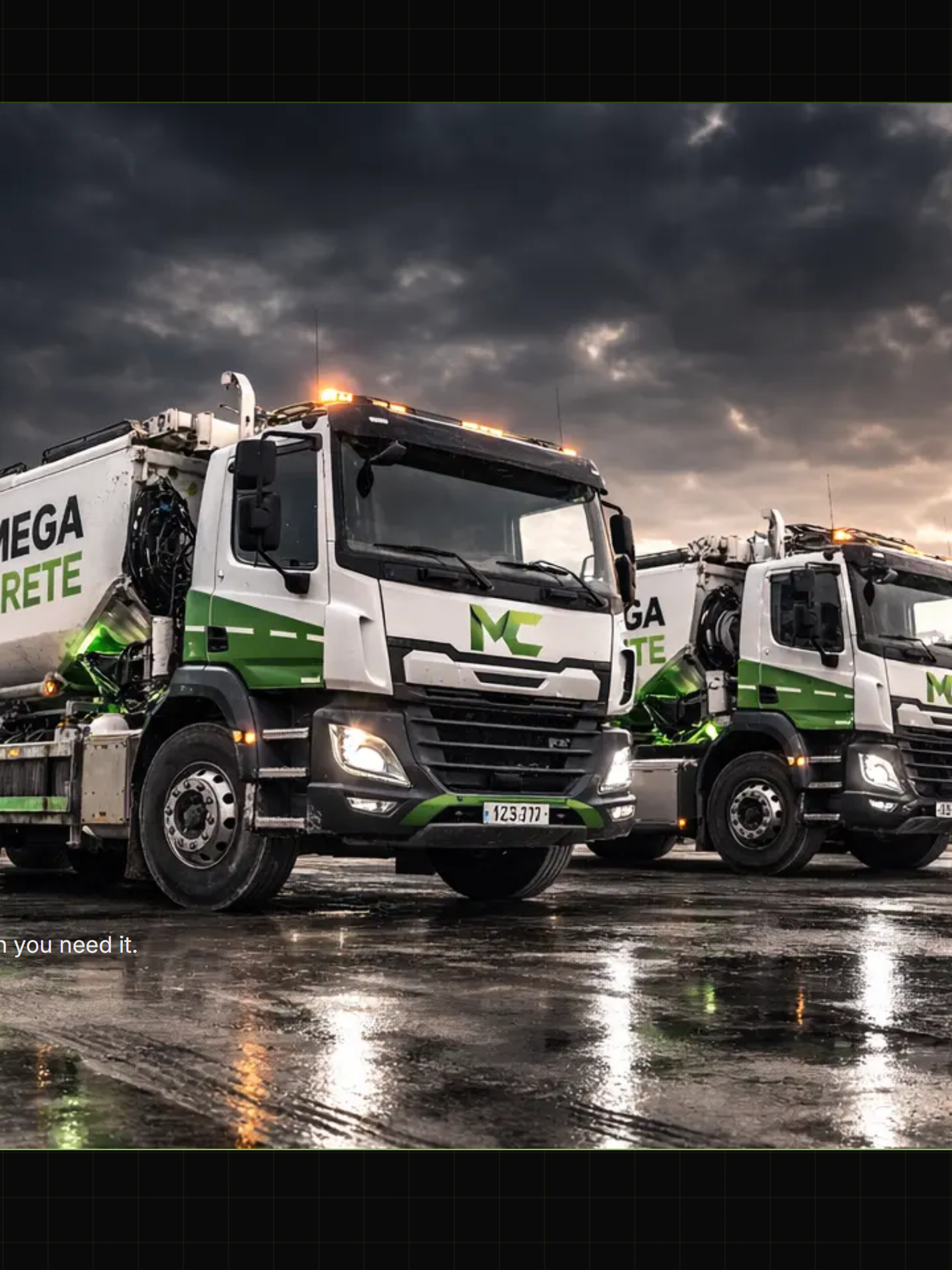 Mega Crete website homepage showing its fleet of branded concrete mixer lorries and a Get a free quote button