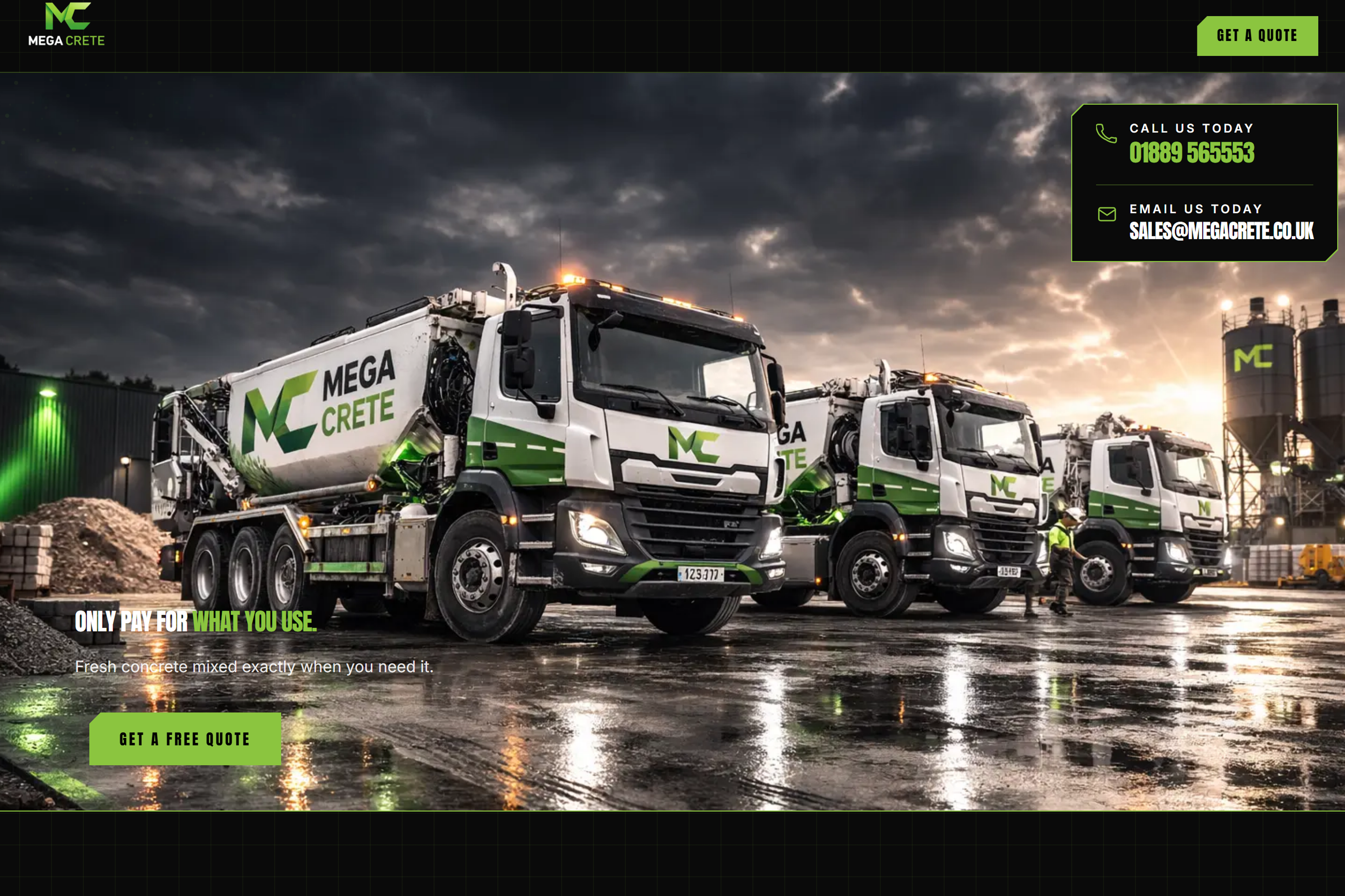 Mega Crete website homepage showing its fleet of branded concrete mixer lorries and a Get a free quote button