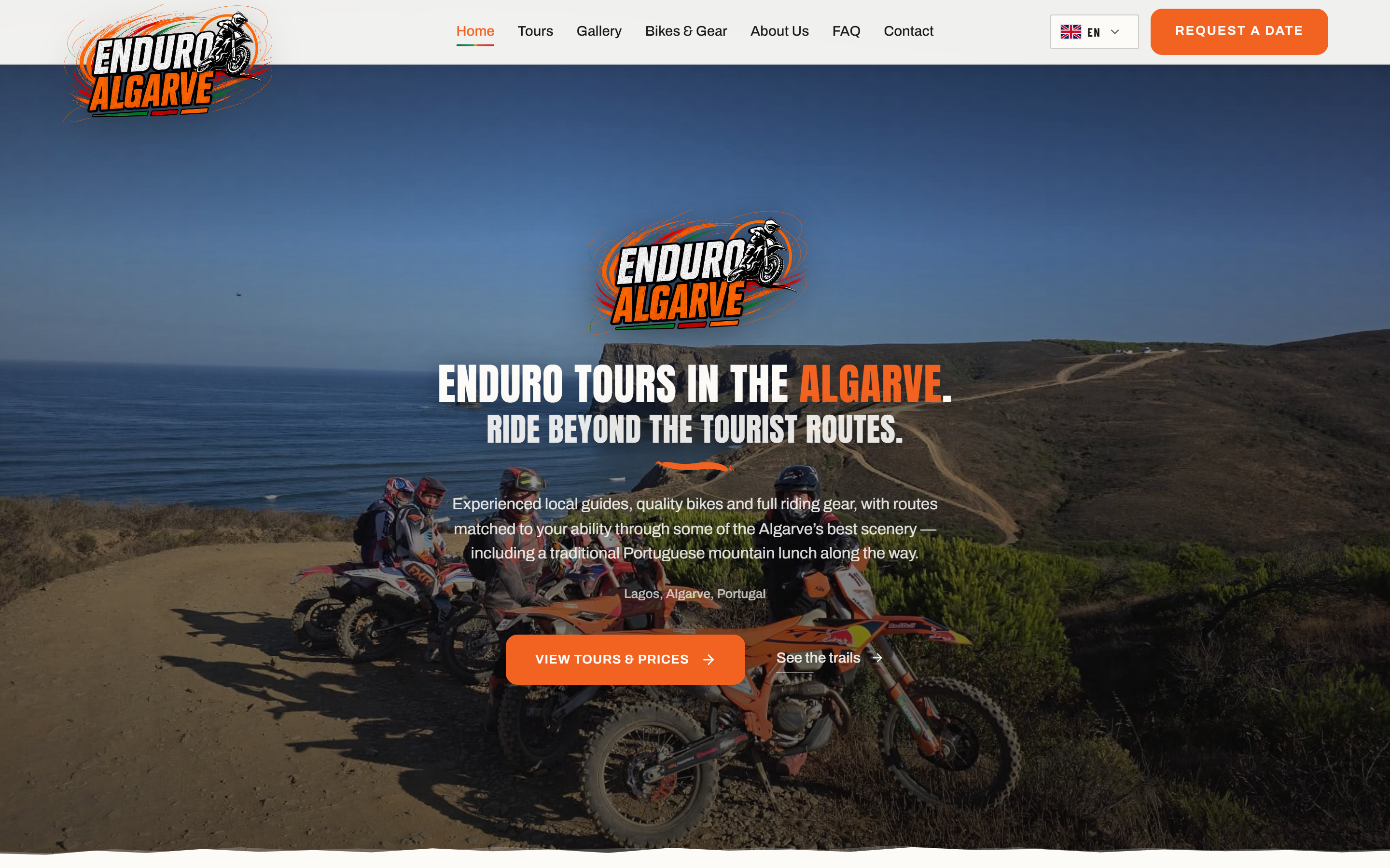 Enduro Algarve website homepage showing riders on a coastal trail above the sea in the Algarve