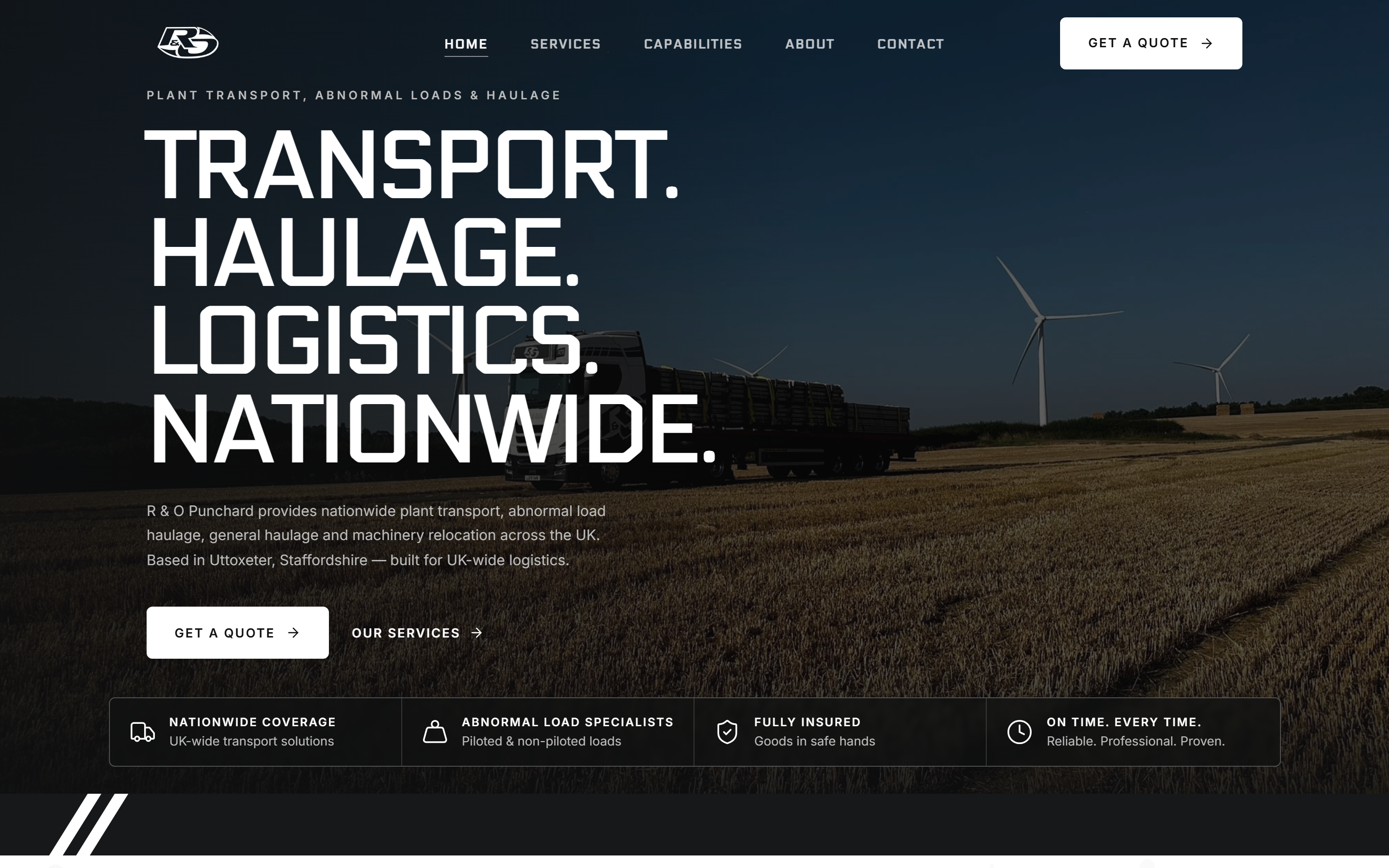 R&O Punchard website homepage with the headline Transport. Haulage. Logistics. Nationwide.