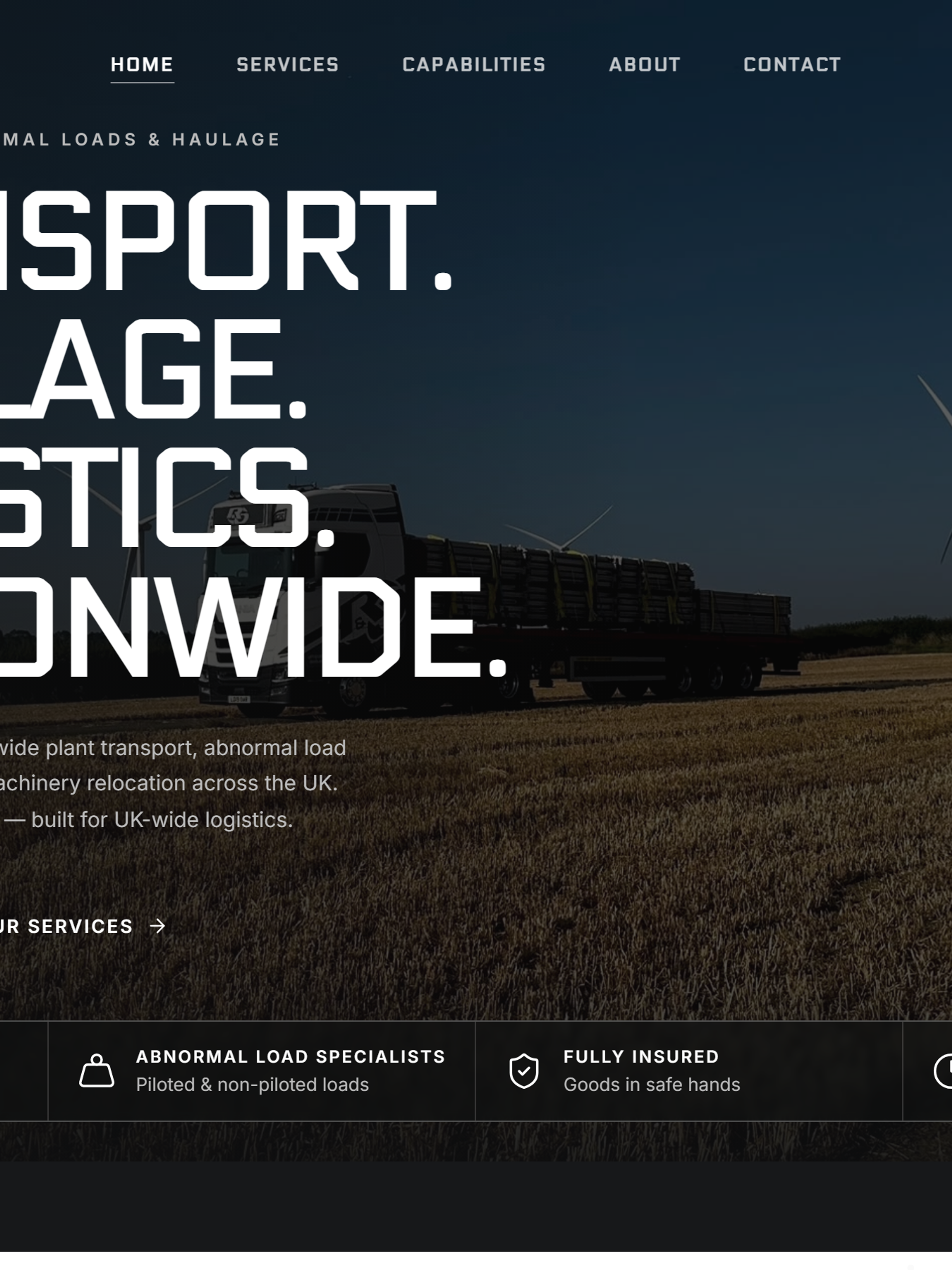 R&O Punchard website homepage with the headline Transport. Haulage. Logistics. Nationwide.