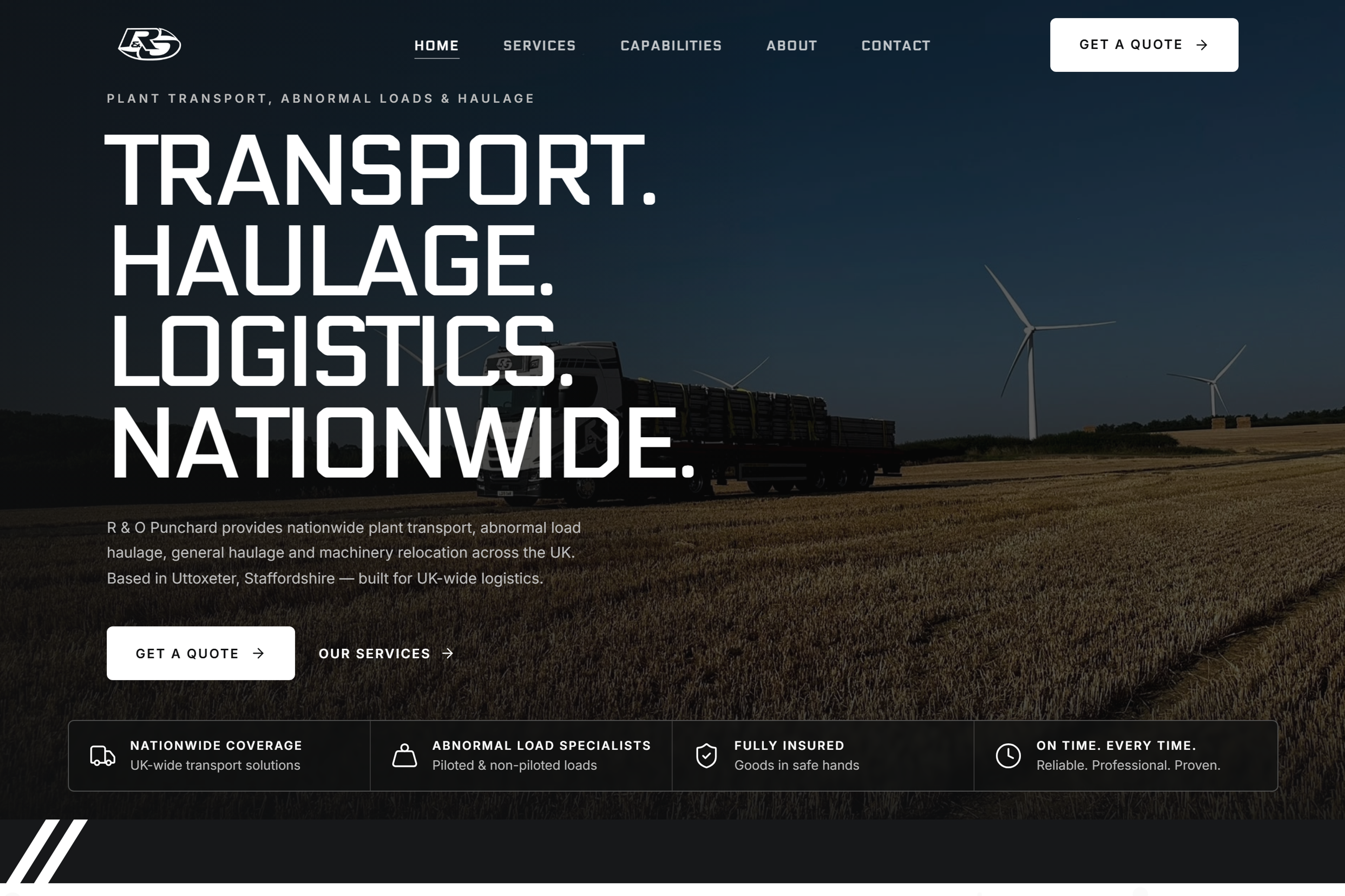 R&O Punchard website homepage with the headline Transport. Haulage. Logistics. Nationwide.