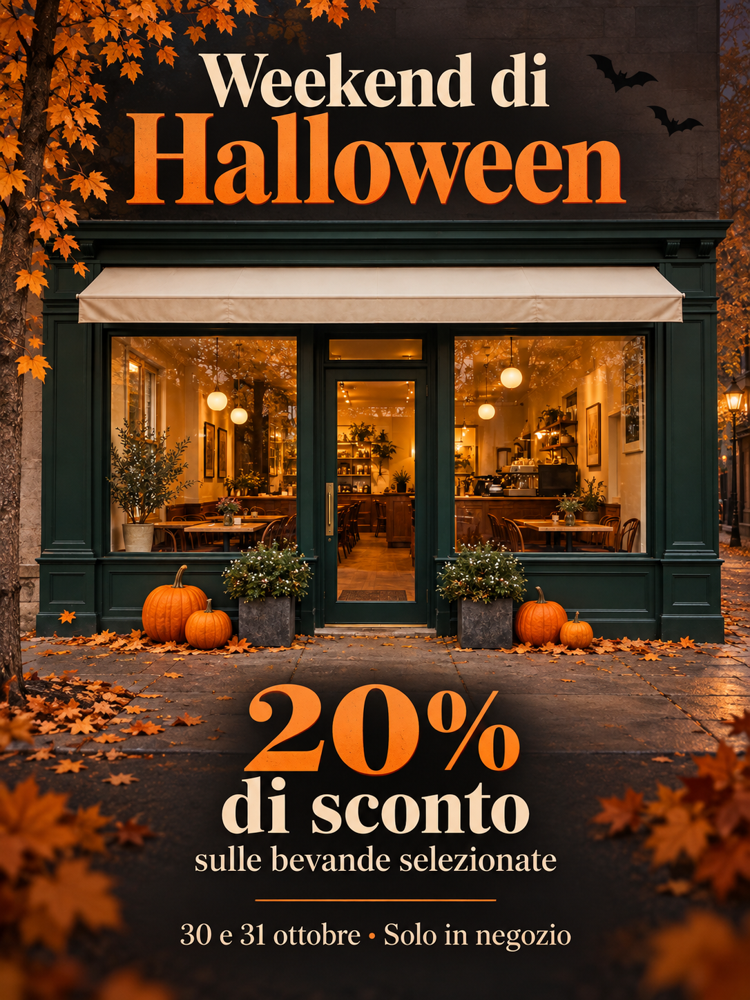 Promozione di Halloween centrata sulla facciata di una caffetteria