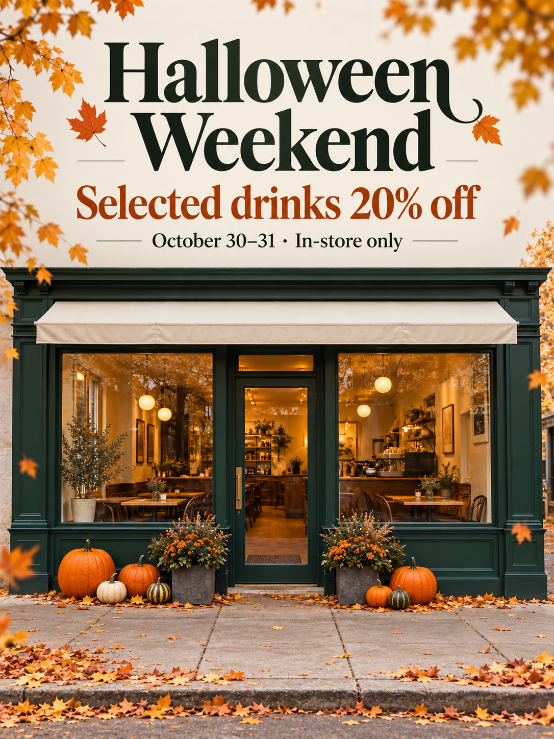 A Halloween promotion built around a coffee shop storefront
