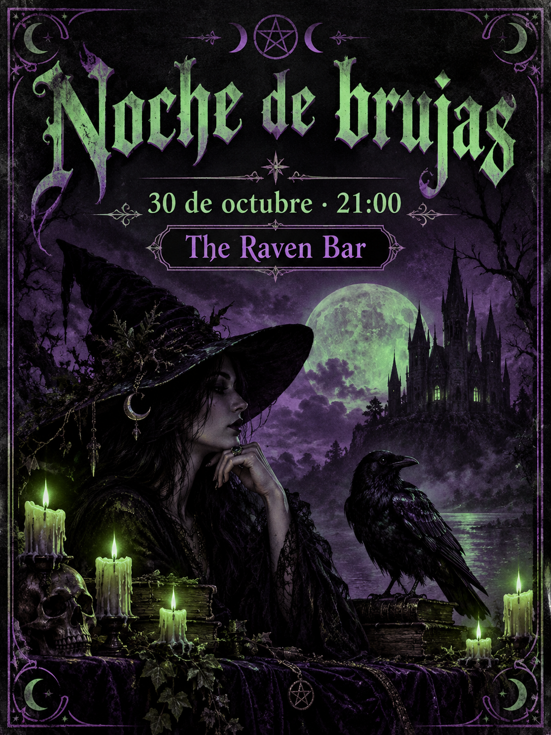 Cartel gótico de brujas en morado y verde