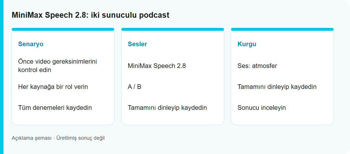 MiniMax Speech 2.8: iki sunuculu podcast: İş akışı şeması; test edilmiş model çıktısı değildir