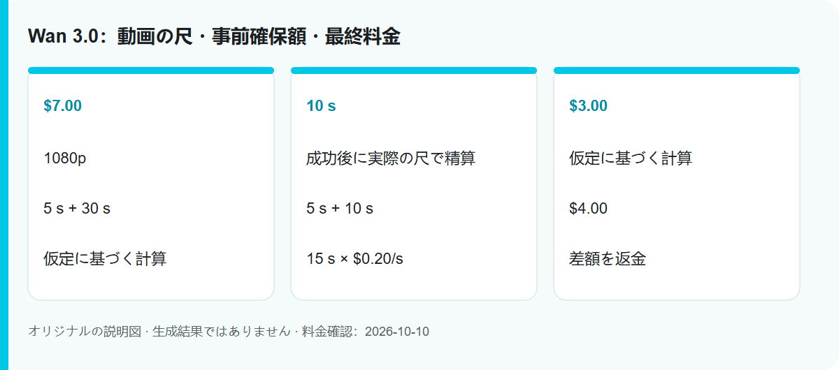 Wan 3.0：動画の尺・事前確保額・最終料金: 手順の説明図。モデルの実測結果ではありません